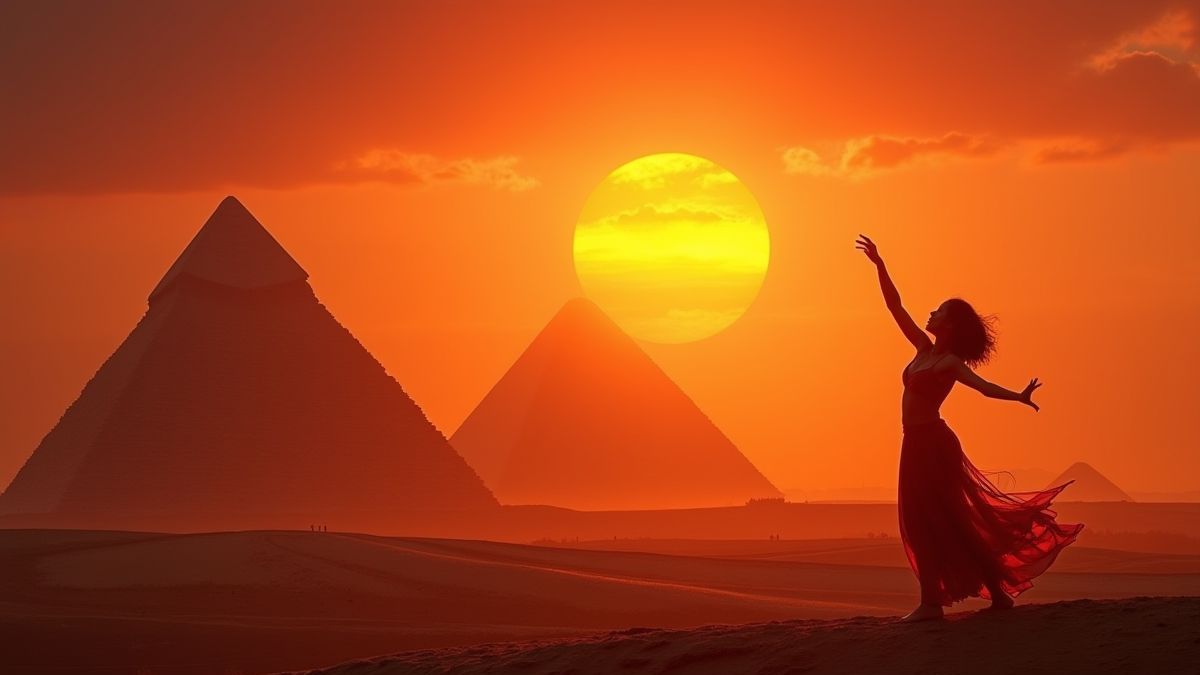 Ägyptische Pyramiden bei Sonnenuntergang mit einer Tänzerin in Silhouette.