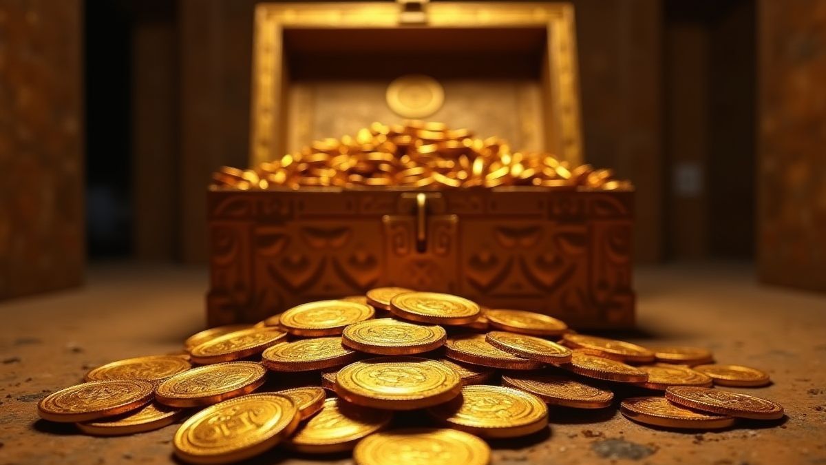 Goldmünzen in einer Truhe innerhalb eines ägyptischen Grabes.