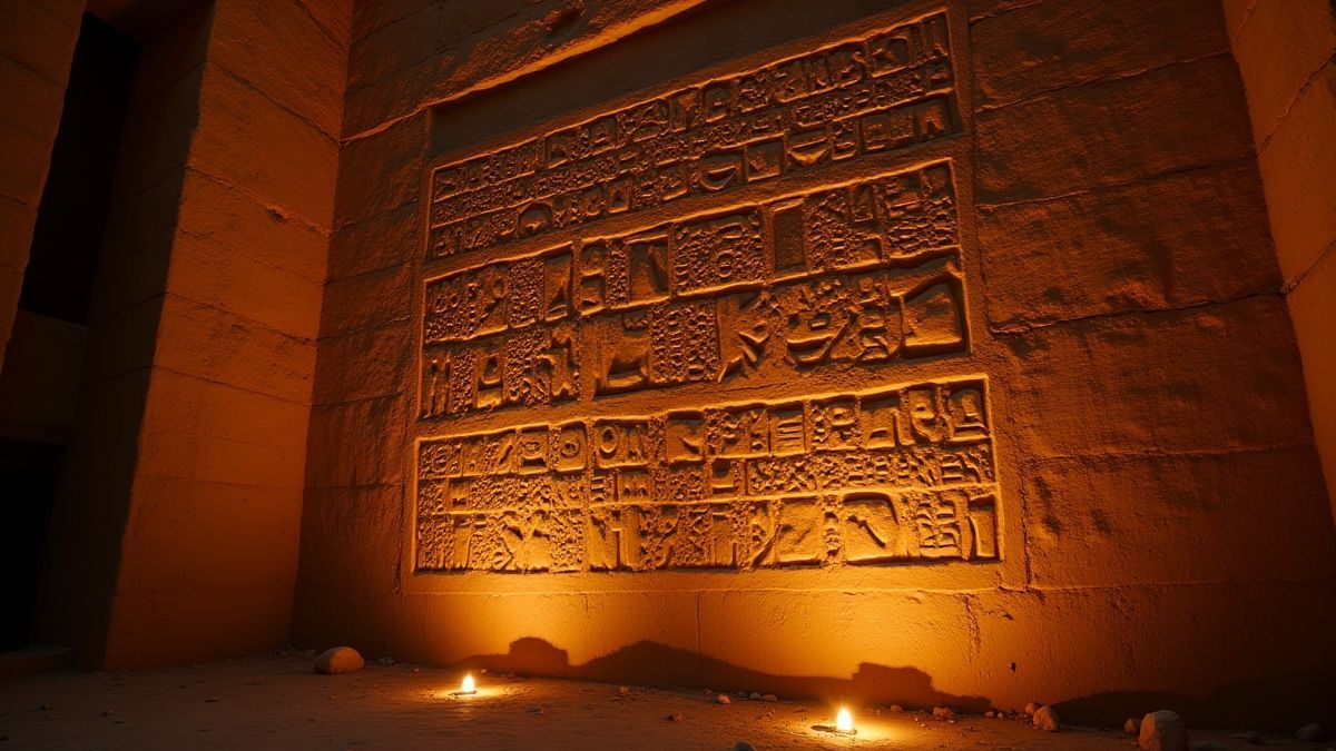 Egyptische hiërogliefen die glanzen op een oude stenen muur.
