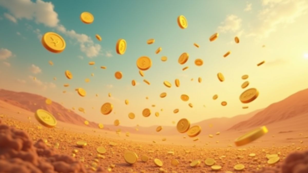 Gouden munten die uit de lucht vallen over een woestijnlandschap.