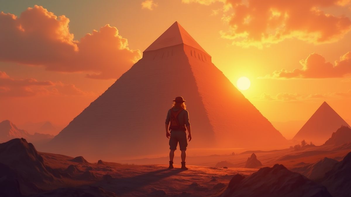 Een avonturier voor een piramide bij zonsondergang.