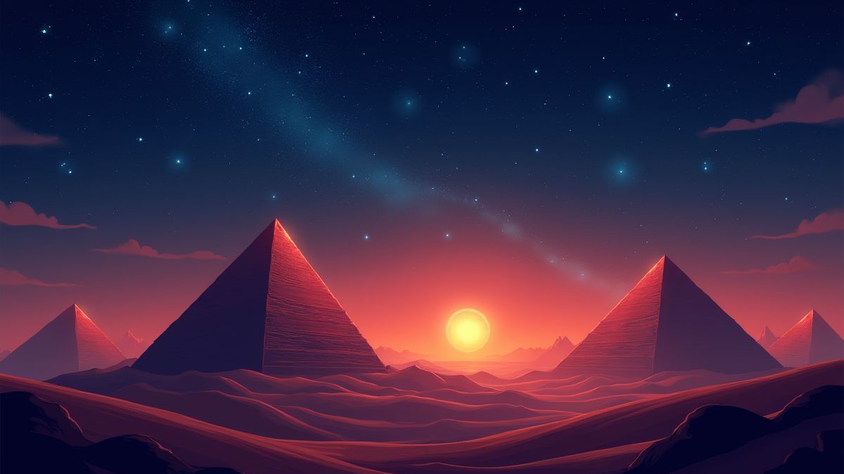 Paisagem desértica mística com pirâmides e estrelas brilhantes.