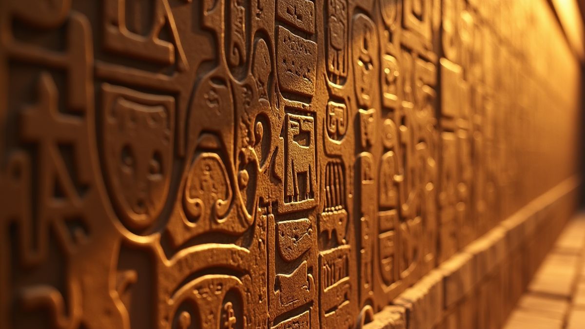 Hieroglyphen, die in Stein mit goldenen Akzenten gemeißelt sind.