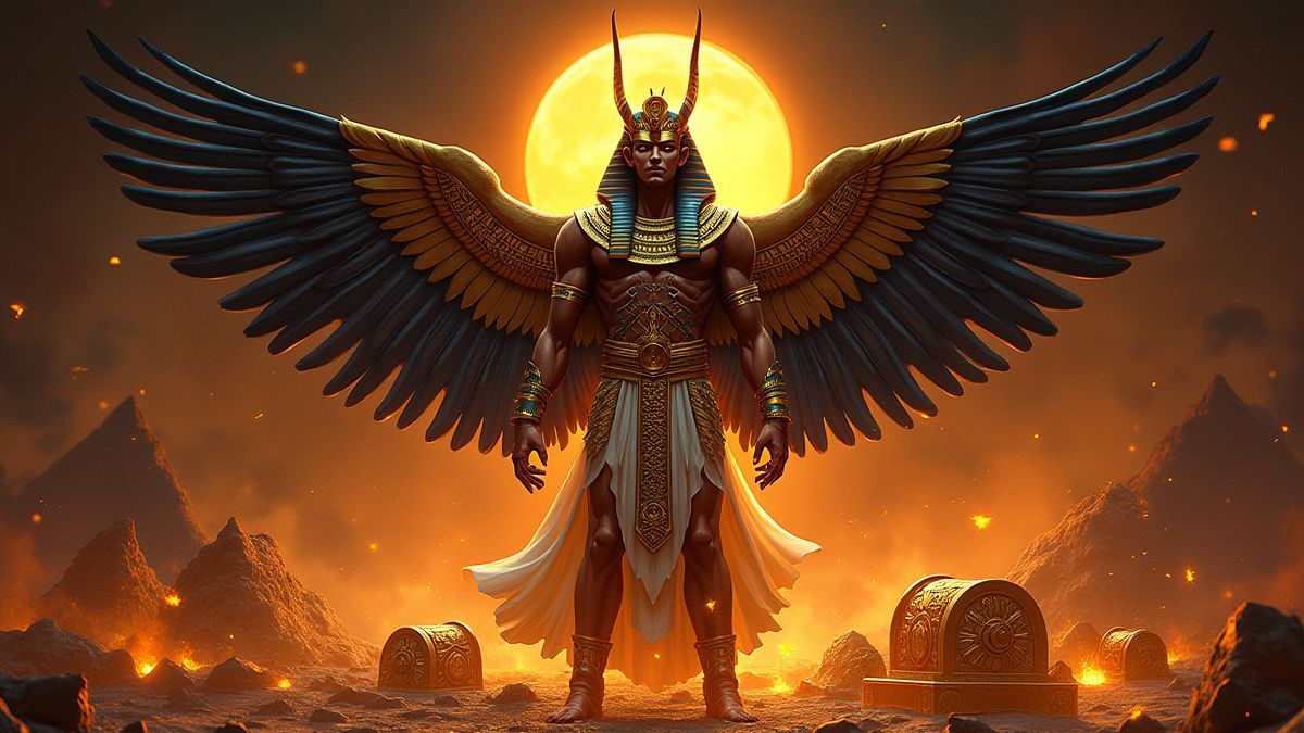 Ra, le dieu égyptien, entouré de symboles brillants et de trésors.