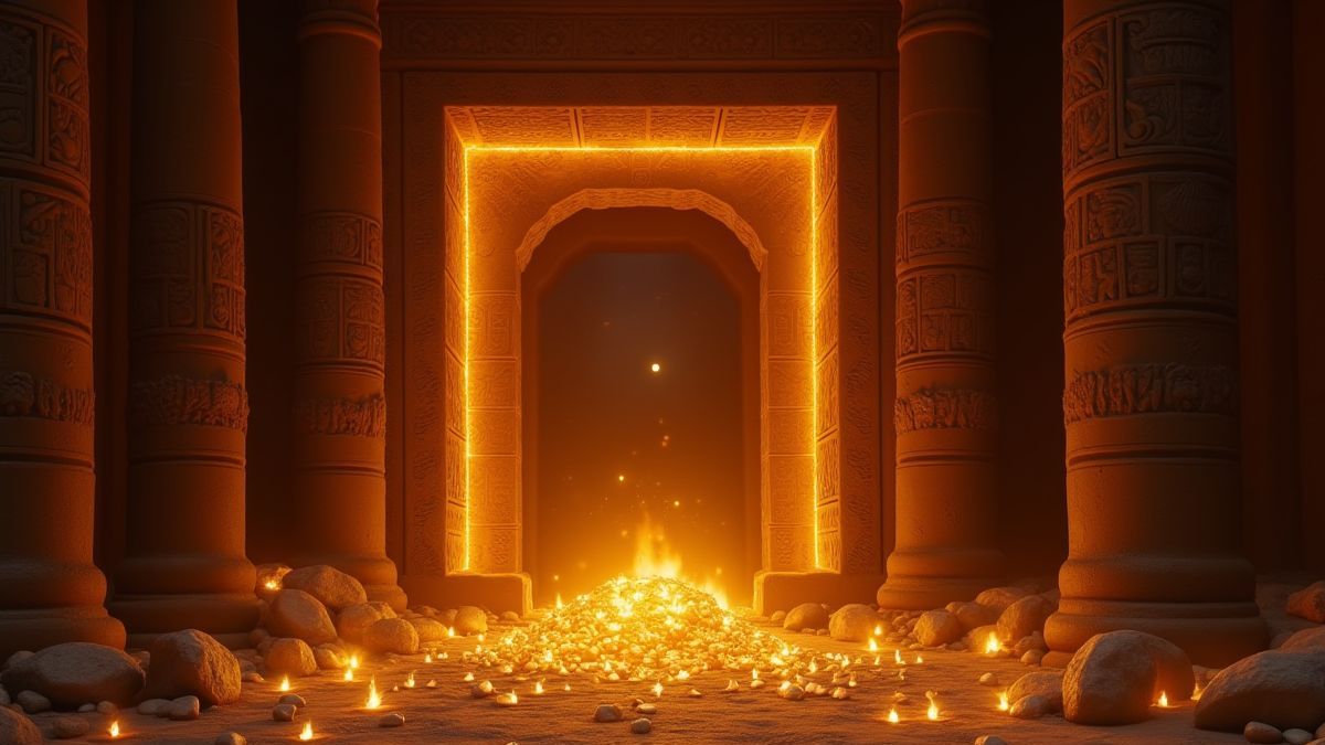 Tombes égyptiennes illuminées avec des symboles de dispersion et des trésors.