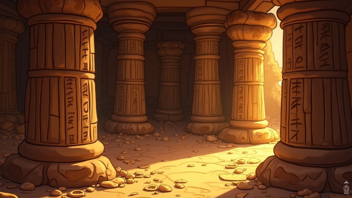 Animierter Innenraum eines ägyptischen Grabes mit Hieroglyphen und Schätzen