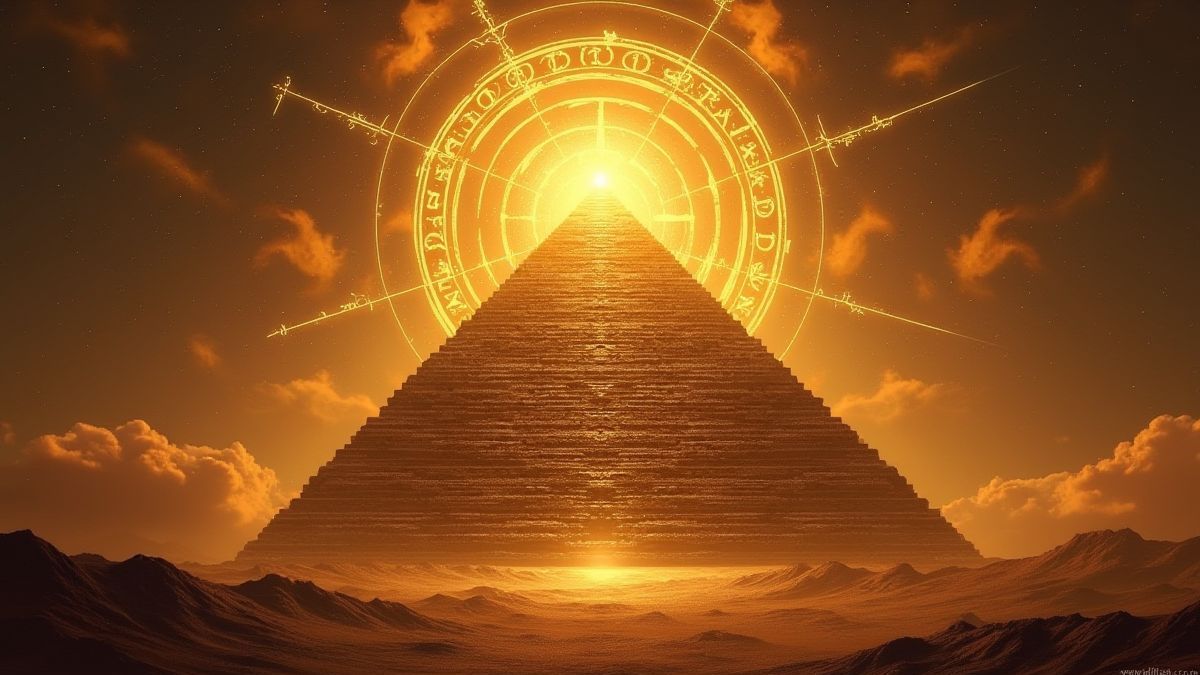 Goldene Pyramide unter einem leuchtenden Himmel mit mystischen Symbolen