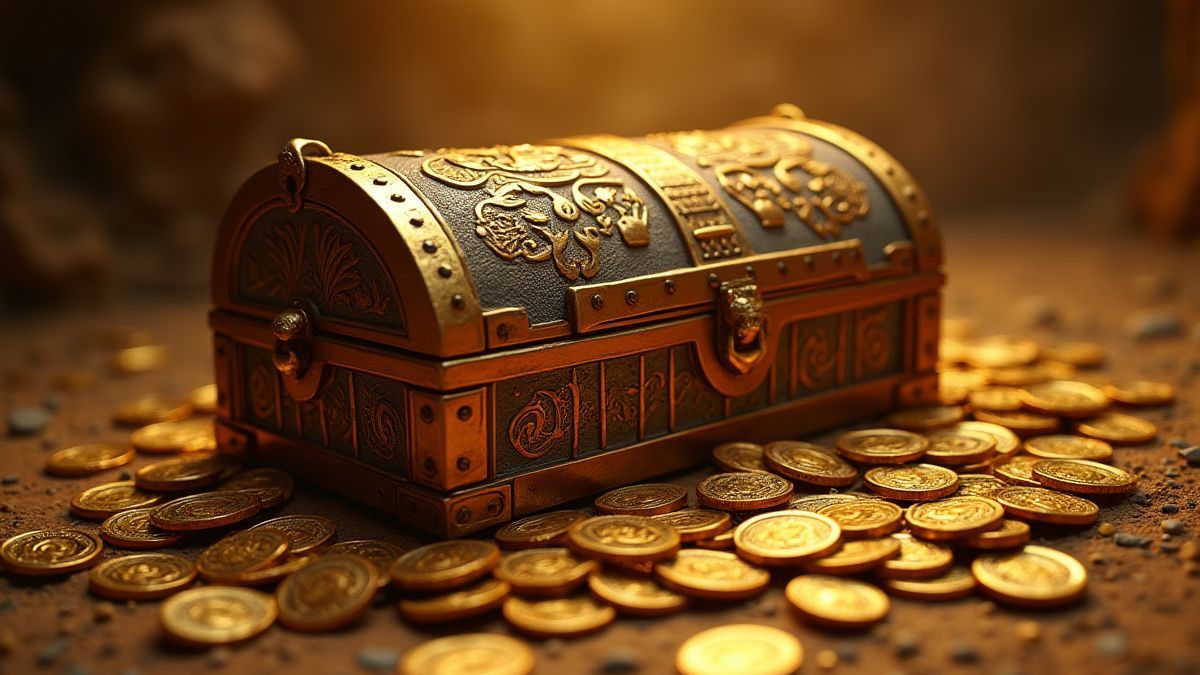 Ägyptischer Schatztruhe umgeben von Goldmünzen und Artefakten.