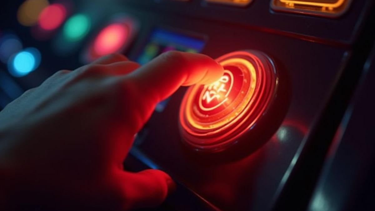 Hand, die einen leuchtenden Spin-Button an einem Spielautomaten drückt.