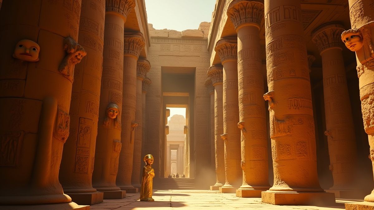 Ancient Egyptian temple with hieroglyphs and golden statues.