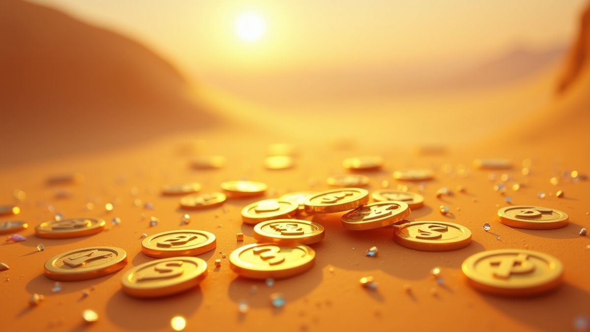 Golden coins and jewels on a desert landscape.