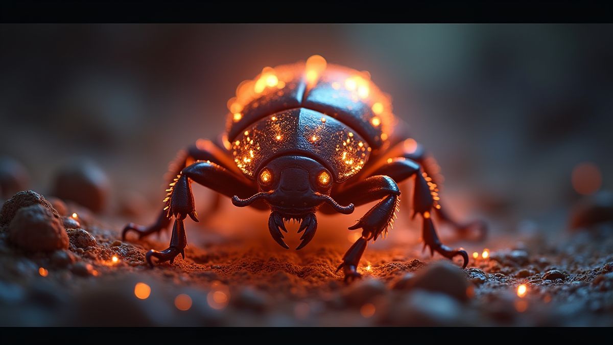 Glowing scarab beetle surrounded by mystical lights and symbols.
