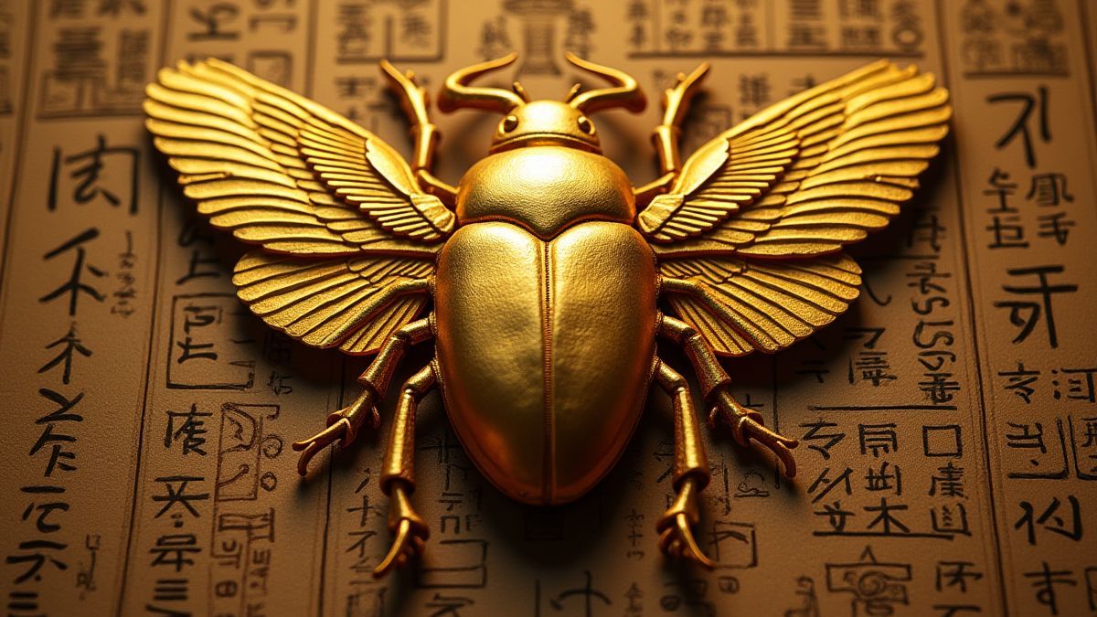Goldener Skarabäus umgeben von ägyptischen Hieroglyphen.