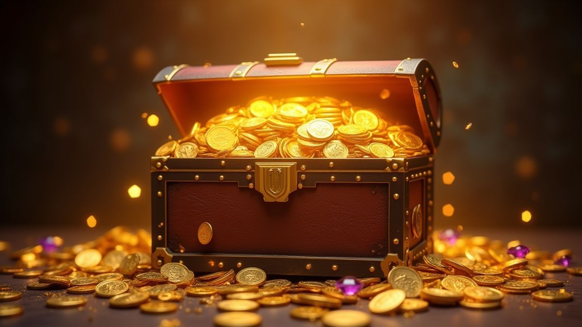 Schatztruhe voller Goldmünzen und Juwelen.