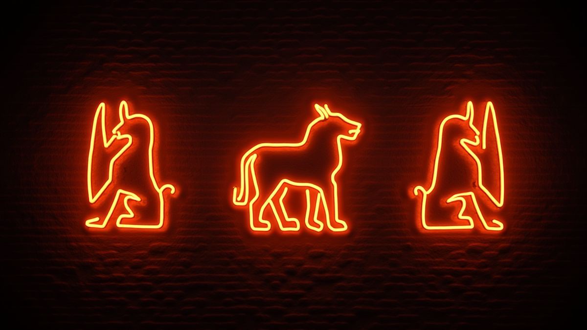 Glowing hieroglyphs like neon lights