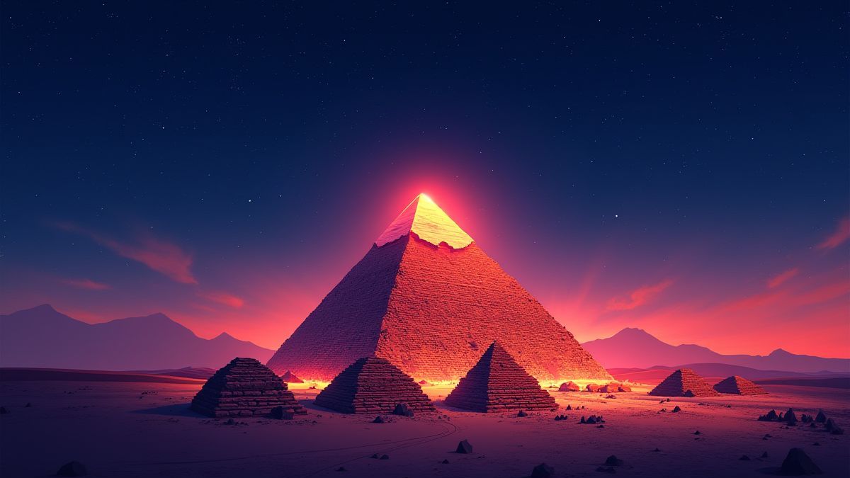 Egyptian pyramid illuminated with neon lights
