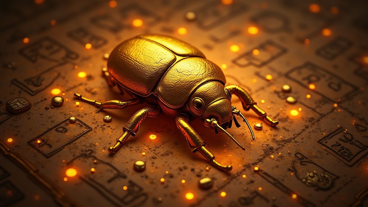 Gouden kever omringd door hiëroglieven.