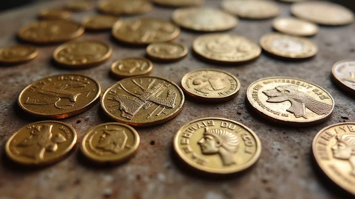 Egyptische munten op een stenen tafel.