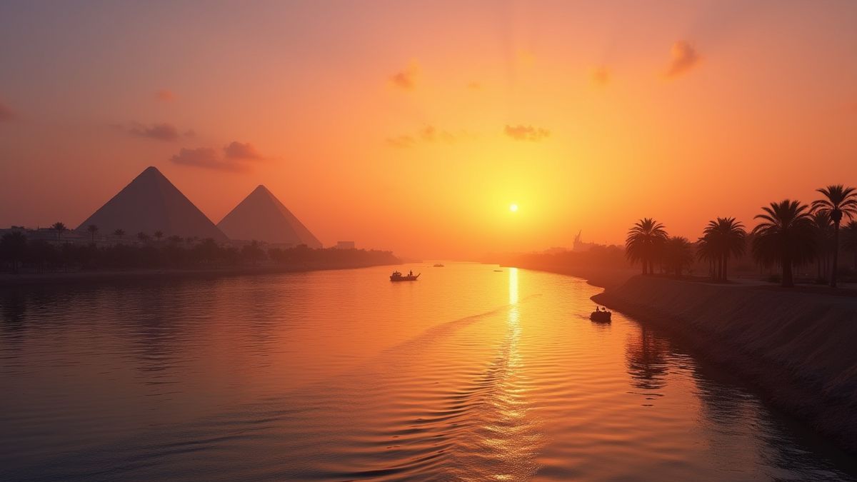 Uitzicht op de Nijl bij zonsondergang met piramides op de achtergrond.