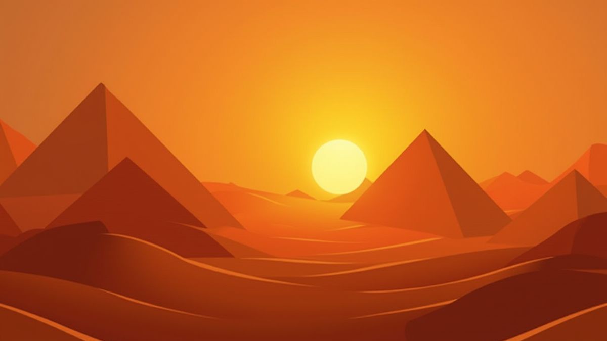 Egyptian landscape with pyramids and a bright sunset.