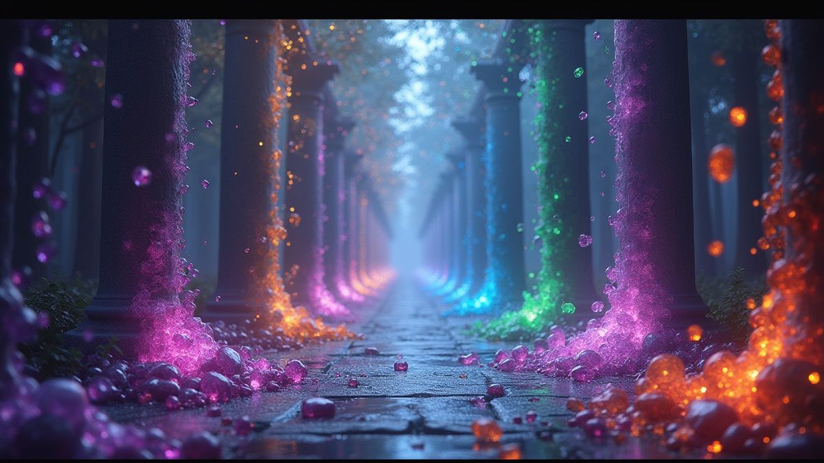 Colorful gems falling into columns in a mystical setting.