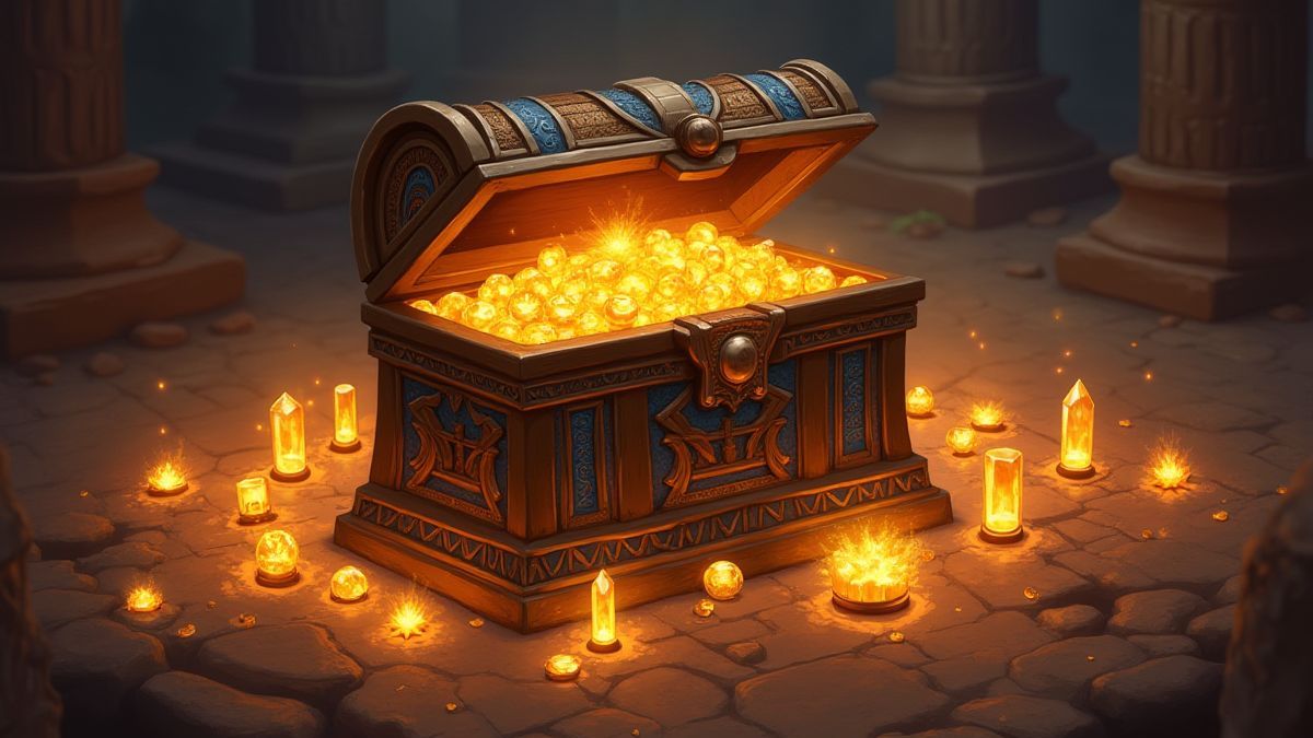 Cofre do tesouro egípcio rodeado de artefatos brilhantes