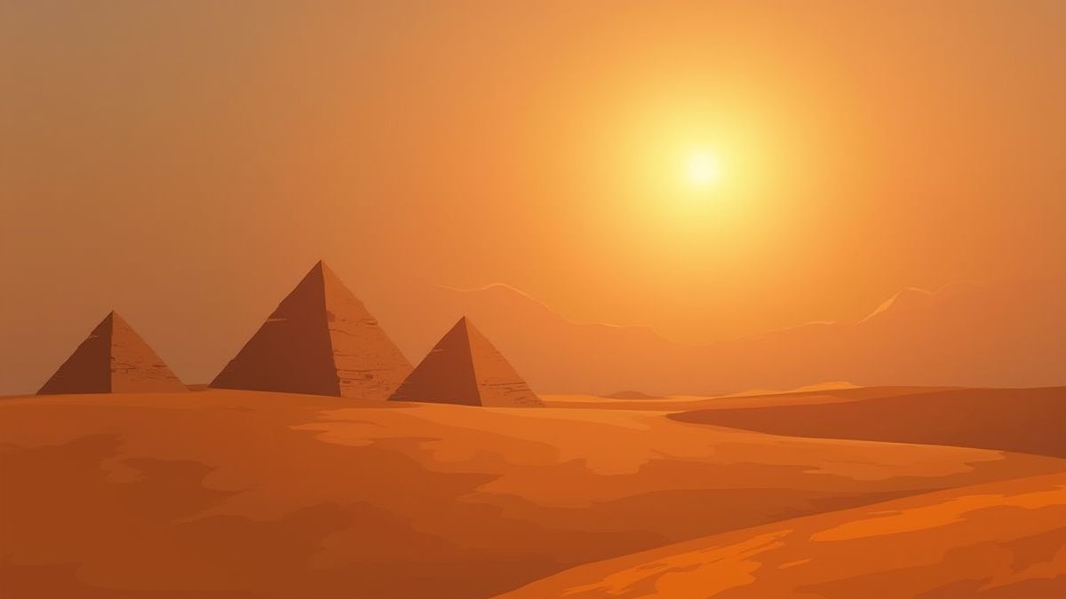 Deserto com pirâmides e um sol radiante