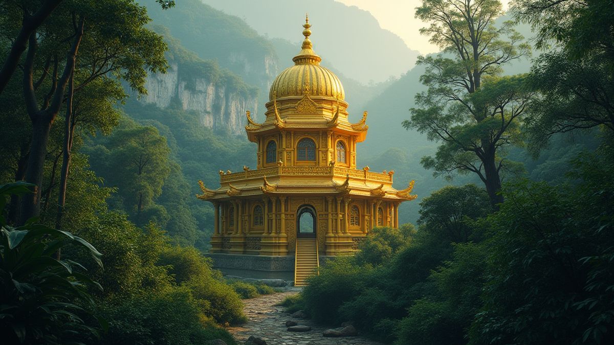 Templo dorado rodeado de una densa jungla.