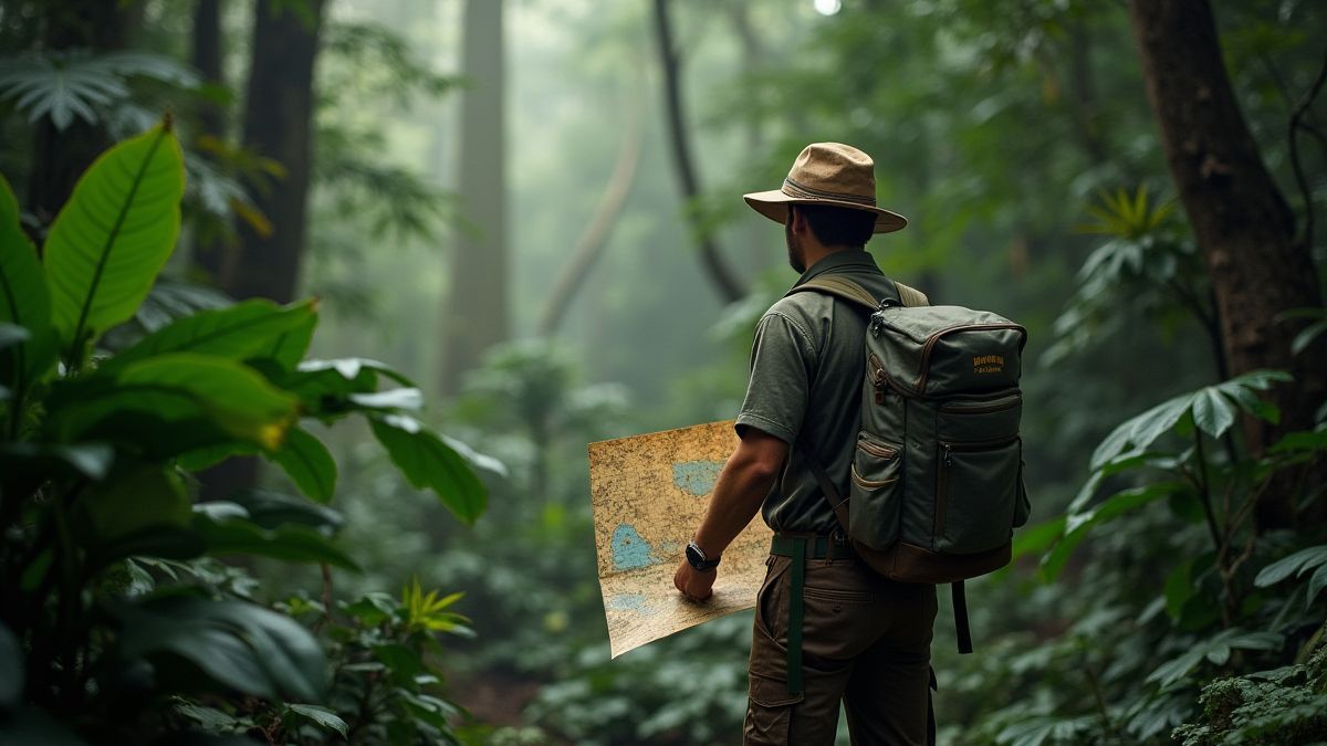Explorador sosteniendo un mapa en una jungla densa.