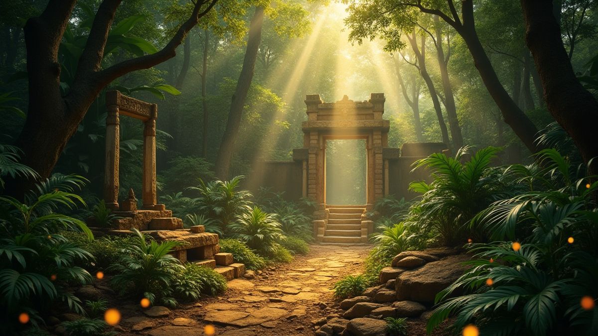 Ruïnes van gouden tempels te midden van een weelderige jungle.