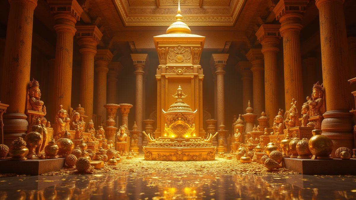 Gouden schatten en artefacten binnen een oud tempel.
