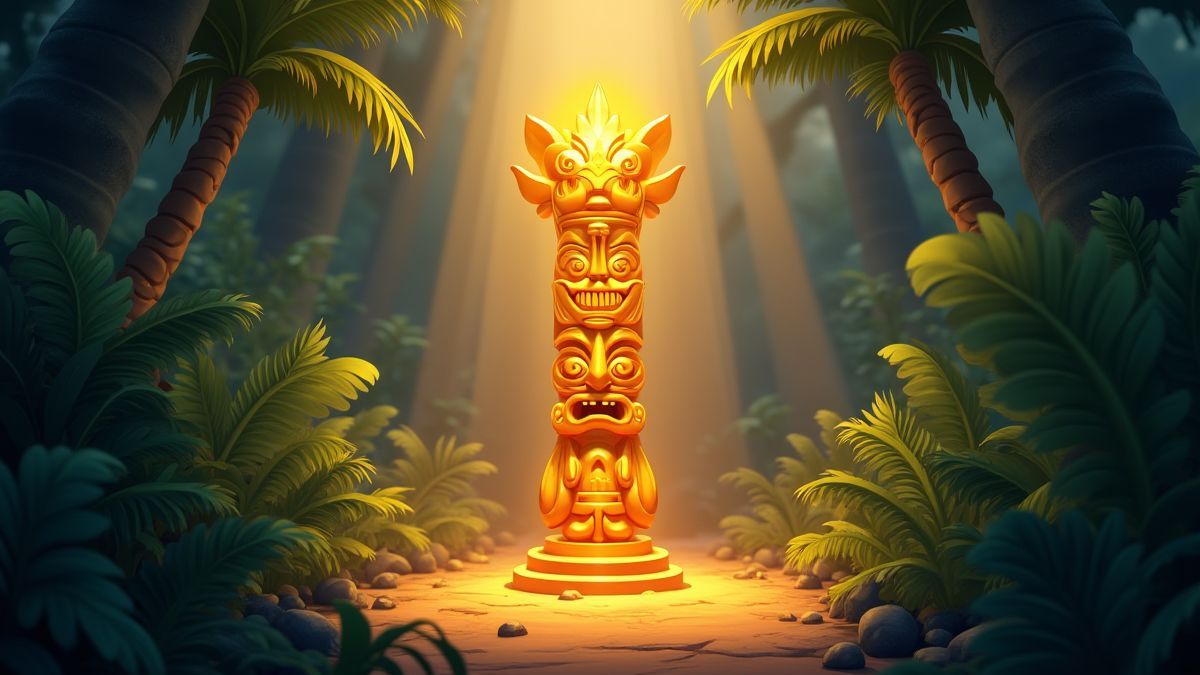 Een gouden totem omringd door tropische planten en schitterend licht.