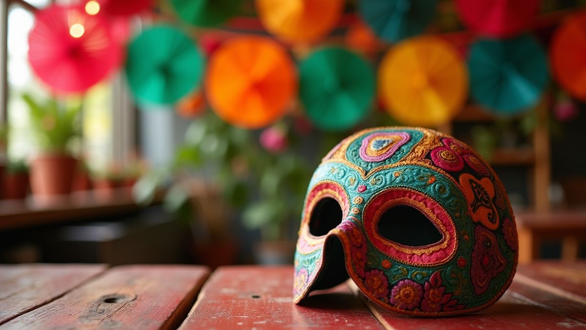 Decoração festiva mexicana com papel picado e uma máscara de lutador.