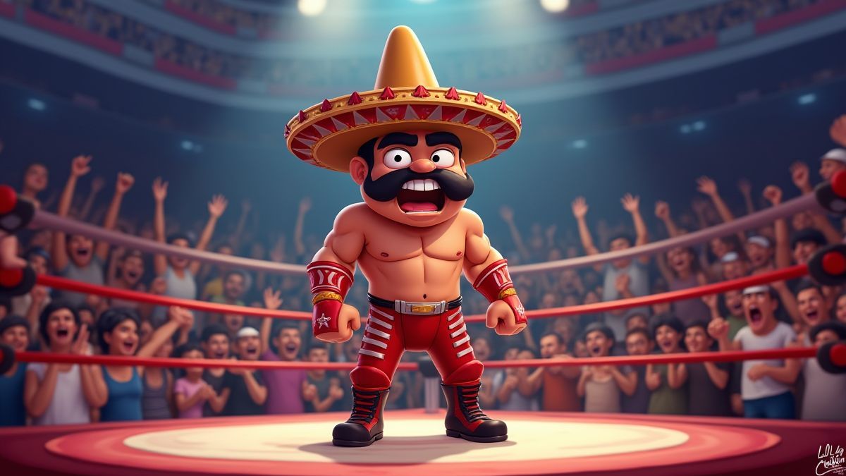 Um lutador caricaturesco em um ringue cercado por fãs animando.