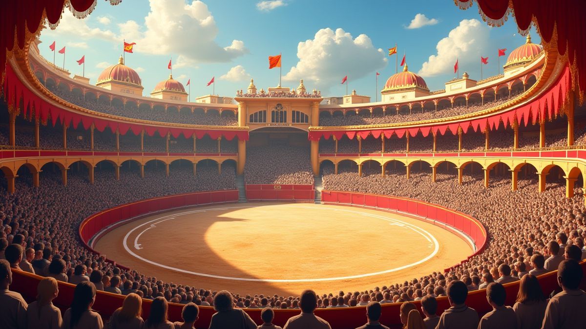 A bullring decorated with Spanish elements and an animated audience.