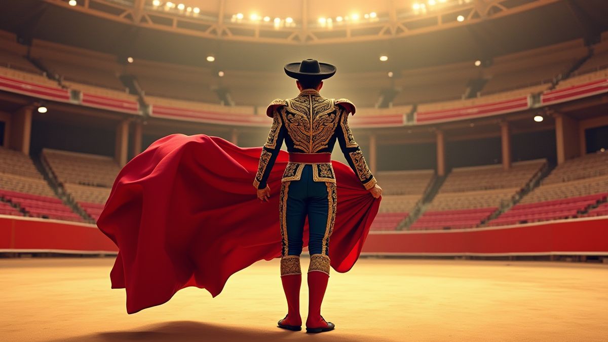 A matador holding a red cape in a dramatic pose inside a bullring.