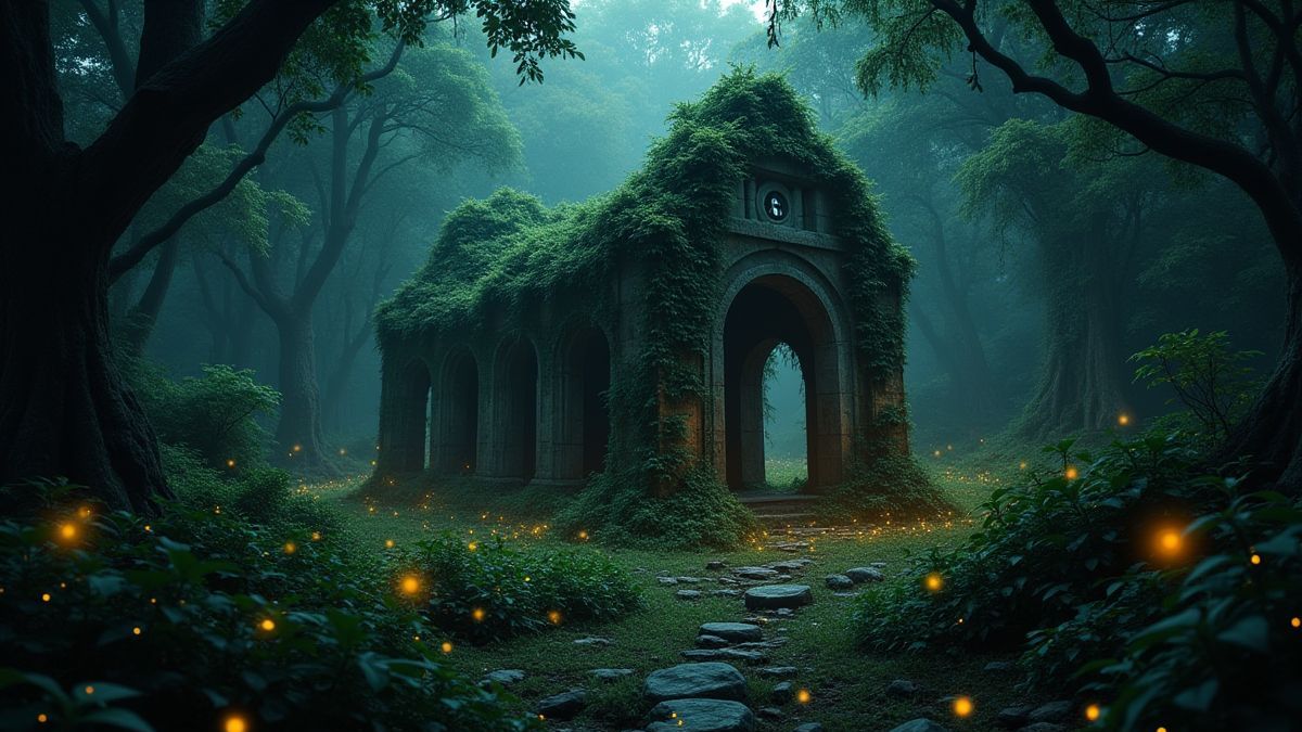 Ruinas antiguas en la jungla rodeadas de luciérnagas brillantes