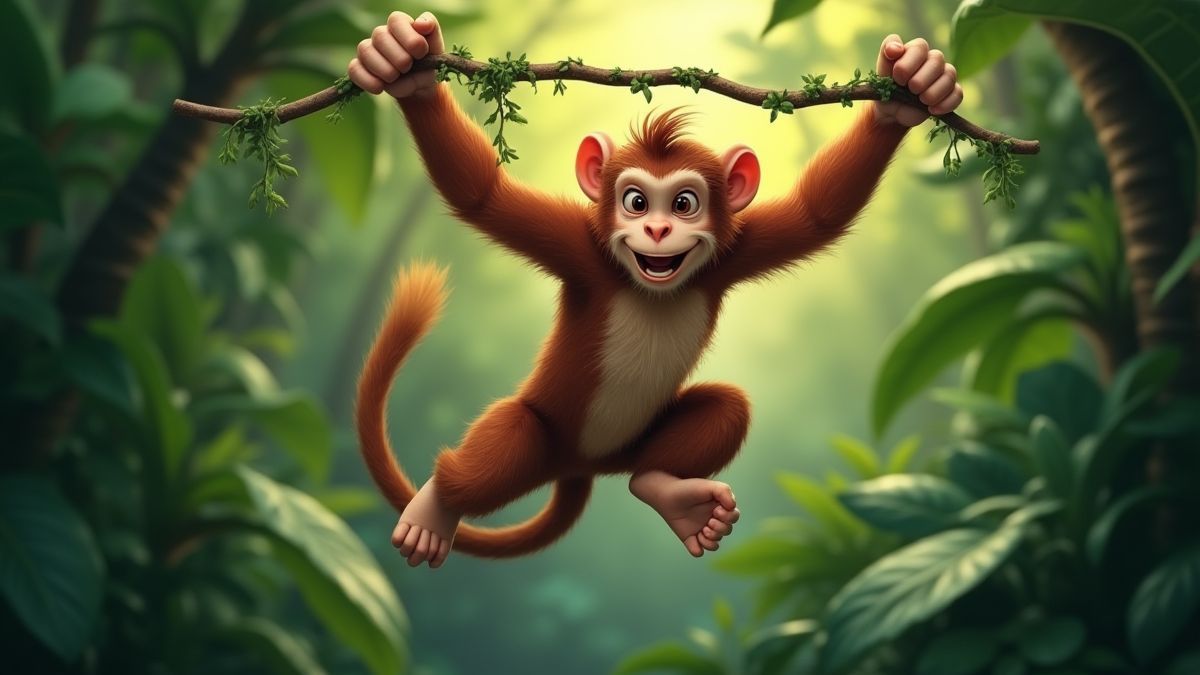 Mono travieso balanceándose entre lianas de la jungla