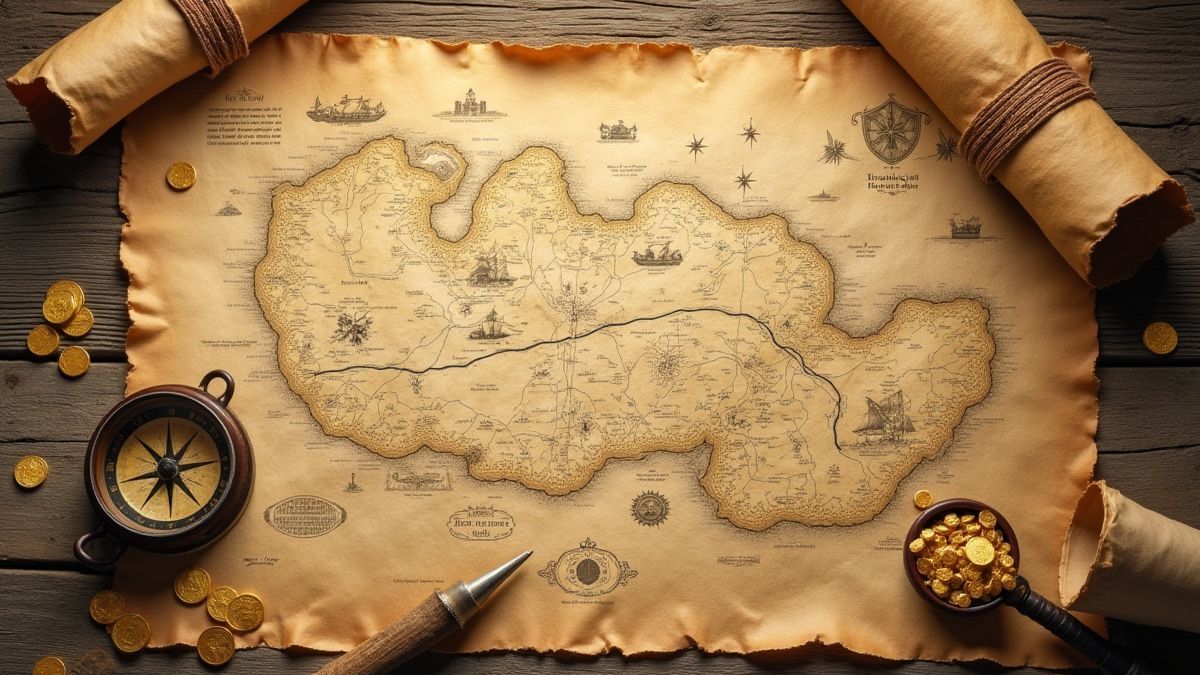 Um mapa pirata antigo com bússola e moedas de ouro.