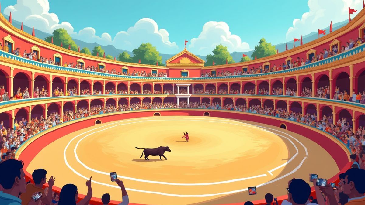 Spanish bullring with colorful decorations and lively spectators.