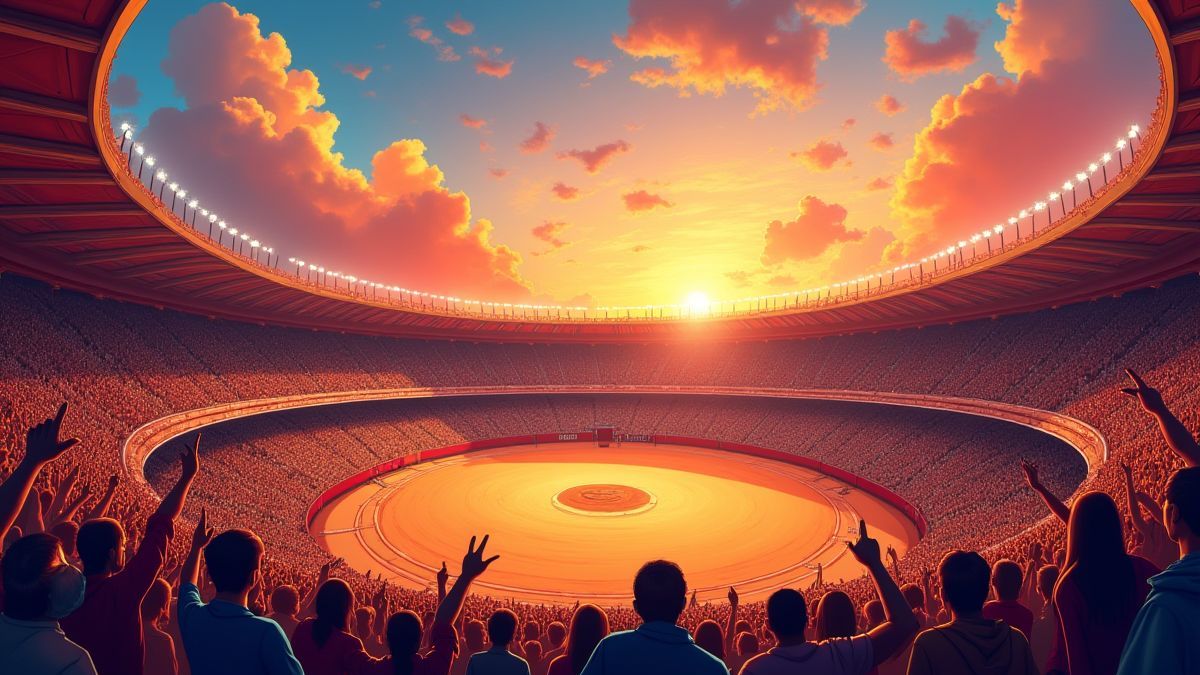Arène de taureaux espagnole illuminée par un coucher de soleil vibrant.