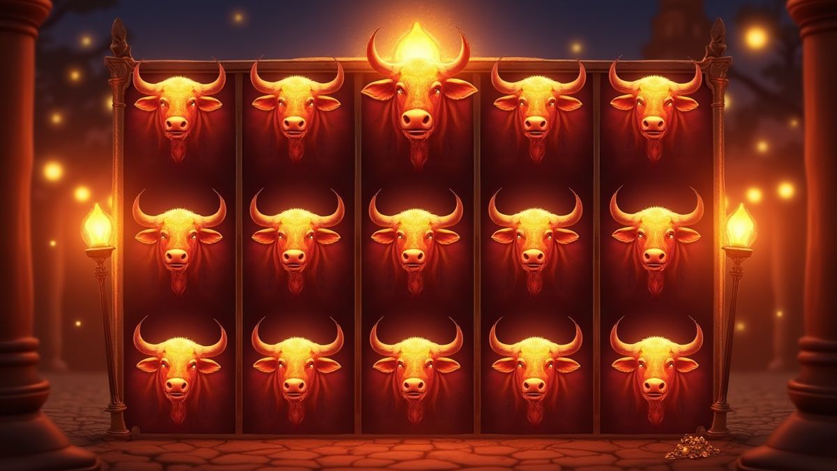 Symboles de taureaux dispersés brillants sur les rouleaux de la machine à sous.