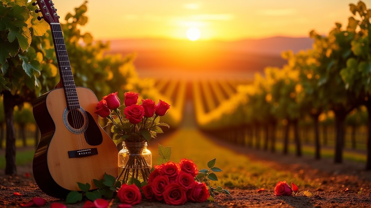 Spanischer Weinberg unter einem goldenen Sonnenuntergang mit traditionellen Elementen.