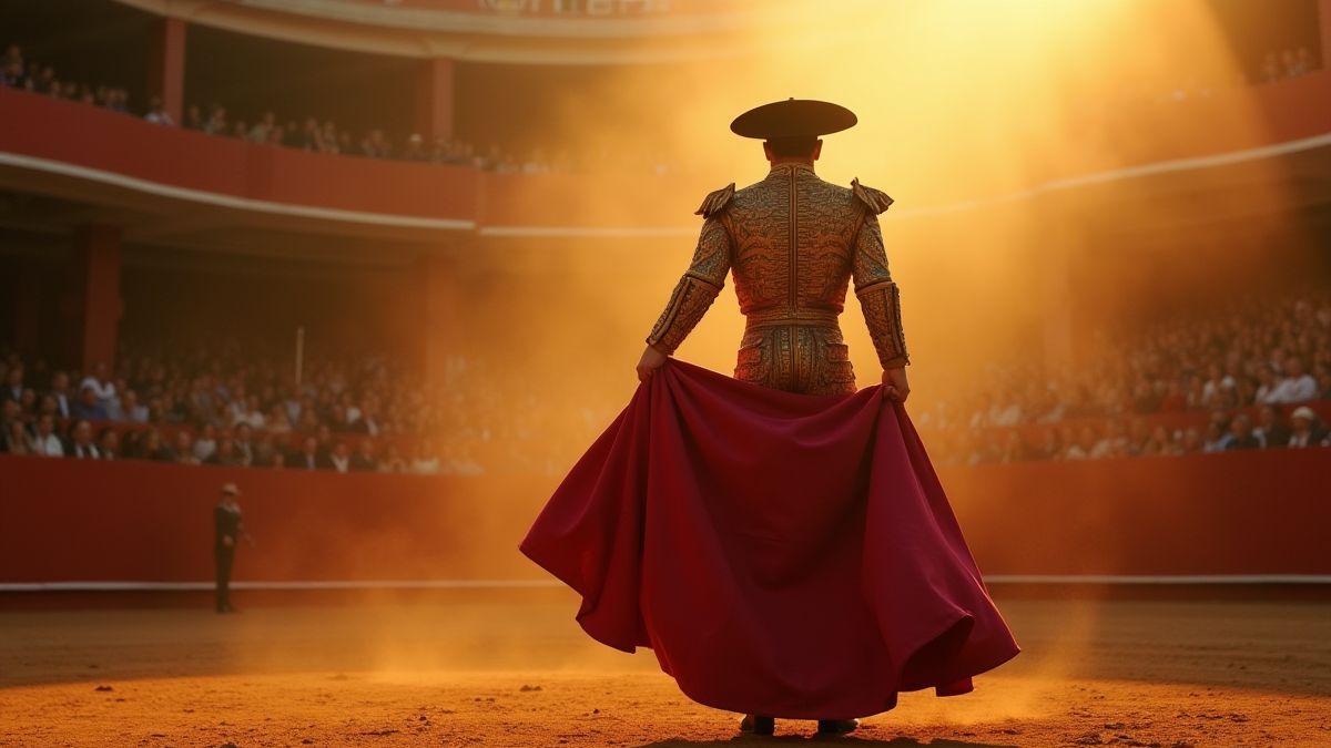 Dramatische Szene eines Matadors in einer Stierkampfarena mit goldenem Licht.