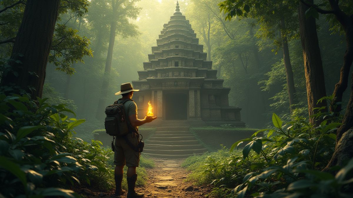 An explorer in the jungle holding a golden artifact next to an ancient temple.