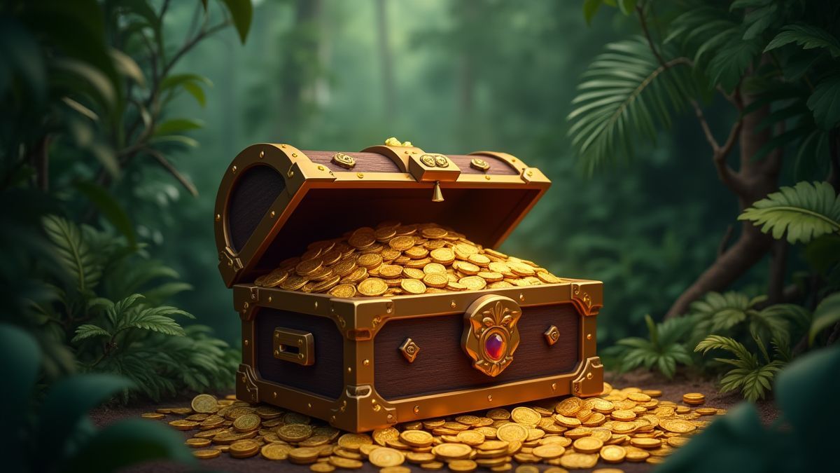 A treasure chest full of gold coins and jewels in a jungle.
