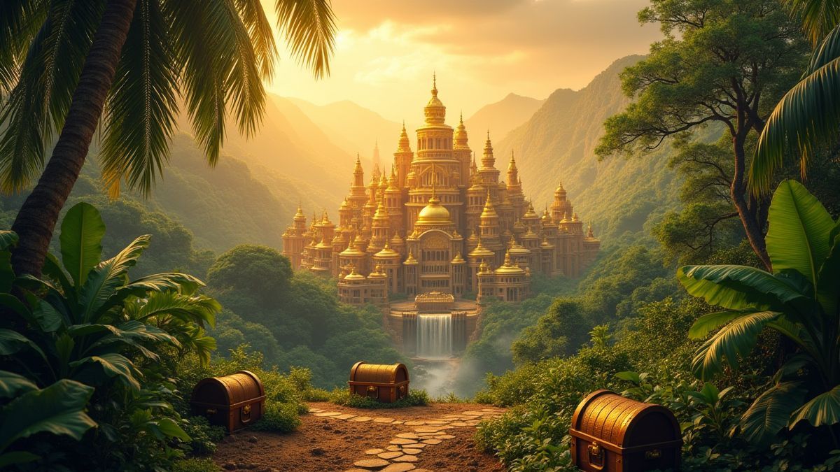 Una ciudad dorada rodeada de jungla tropical y cofres del tesoro.