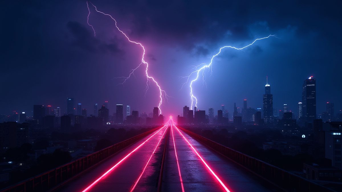 Neon lightning bolts crossing a dark urban landscape.