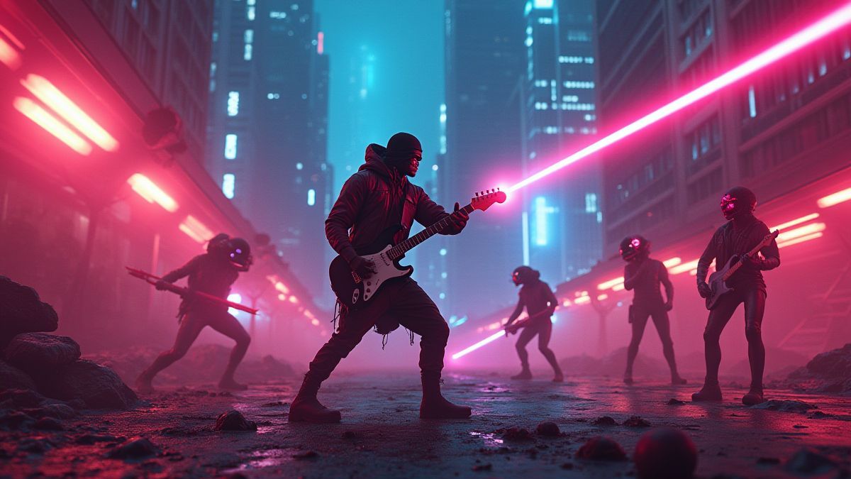 Ein Rockstar kämpft gegen Aliens auf einem futuristischen Schlachtfeld, das von Neonlichtern erleuchtet wird.