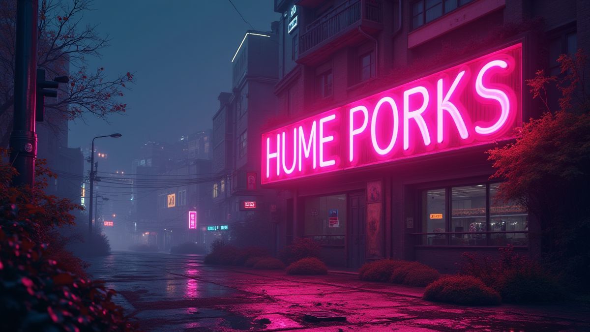 Um letreiro de néon brilhante em uma cidade futurista.